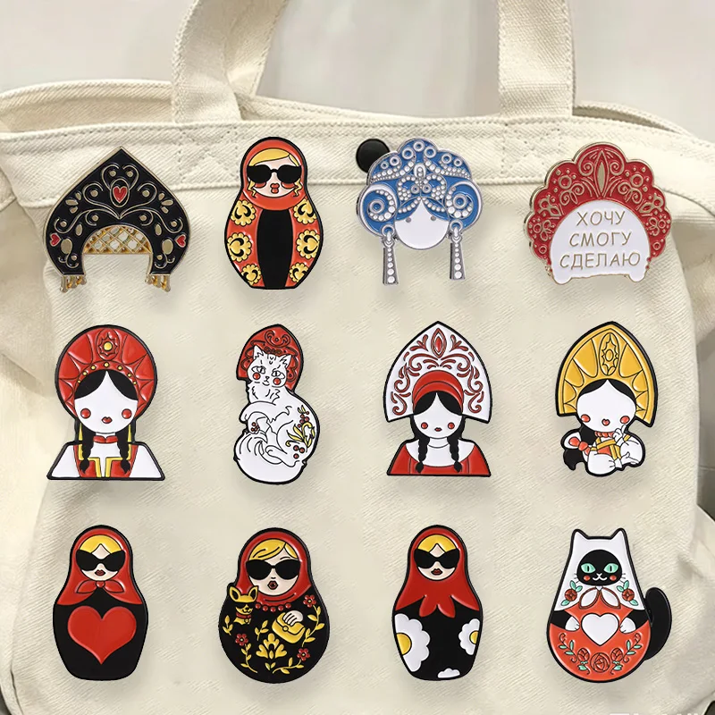 ロシアスタイルのフォークアートエナメルピンセットマトリョーシカ人形伝統的な頭飾り猫ブローチラペルバッジジュエリーギフトお土産用 1
