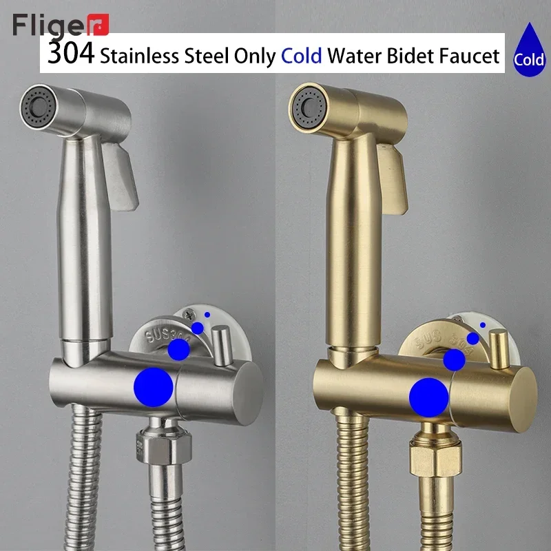 Fliger Bidet Faucet Stainless Steel Toilet Faucet Handheld Bidet Toilet Sprayer Set Single Cold Water Shower Head Anal Douche