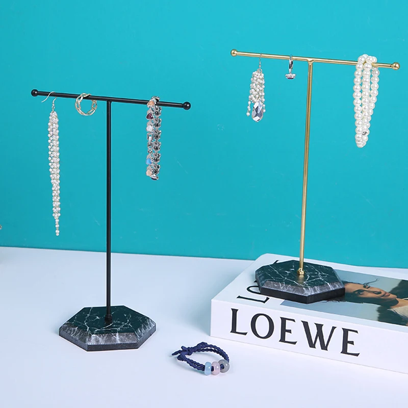Anting-anting, kalung cincin gelang perhiasan pemegang marmer pola T berbentuk perhiasan Display Organizer pemegang penyimpanan logam rak