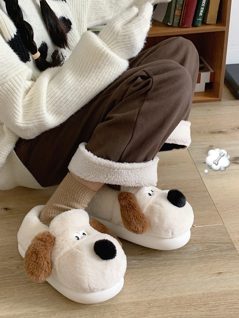 Indoor Household Cotton Slippers For Men And Women 2023 Winter Cute Puppy Slipper Cover Heel Warm Thick Sole Plush Home Slipper