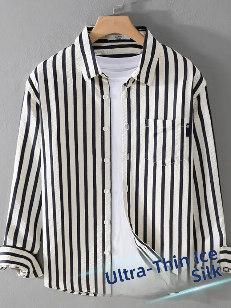 

Men's Summer Ice Silk Long Sve irt Vertical Stripes Outdoor UV Protection Thin Outerwear Loose Fit Youth Faion Sunscre...