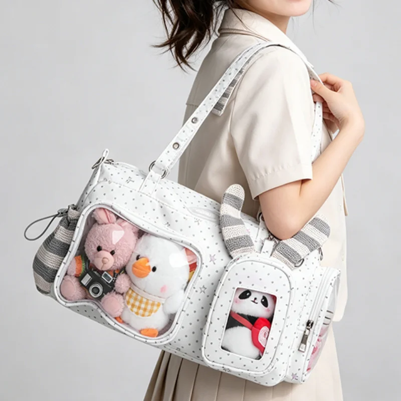 Cute Japanese Korean Polka Dot Ita Bag Large Capacity DIY Transparent Pocket Shoulder Bag Drawstring Design Commuter Handbag