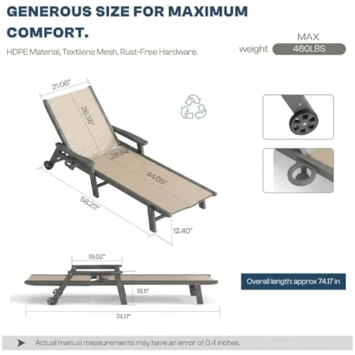 Outdoor HDPE Chaise Lounges Dual Pack with Textilene Mesh Sling Breathable Ergonomic Recline Adjustable 5-Position Backrest Smoo