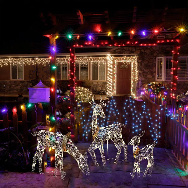 2023 Iron Art Elk Deer Christmas Garden Decoration With LED Light Glowing Glitter Reindeer Xmas Home Outdoor Yard Ornament Decor