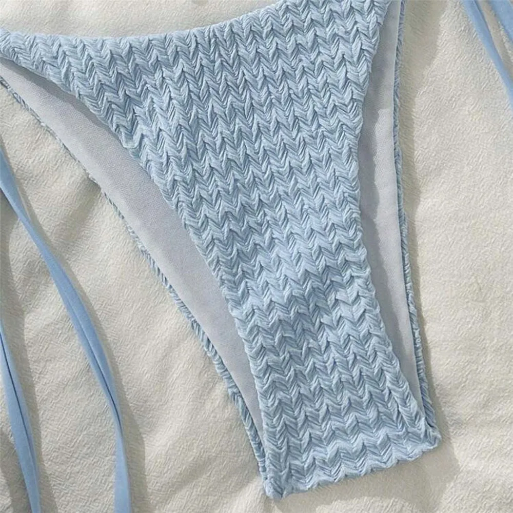 السماء الزرقاء حبة القوس ملابس السباحة الرسن سلسلة مثلث بيكيني مايكرو ثونغ مثير ملابس السباحة النساء 2025 ثوب السباحة البيكينيات مجموعات دي Mujer