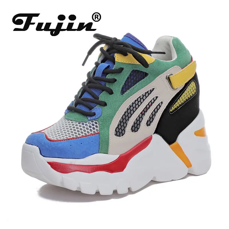 

Fujin 10cm Air Mesh Cow Suede Genuine Leather Women High Brand Designer Shoes Vulcanize Summer Mixed Color Breathable Sneakers