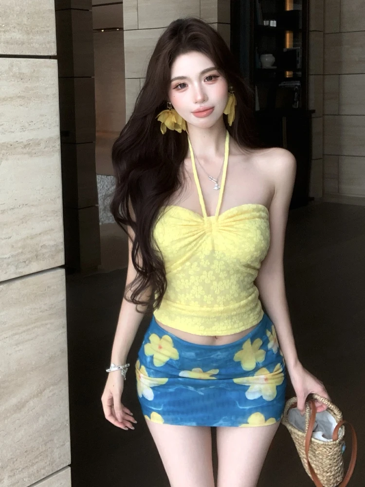 

Sexy Spicy Girl Pure Desire Strap Halter Tube Top Short Vest Retro Print Bodycon Skirt Two Piece Set Fashionable Summer ...