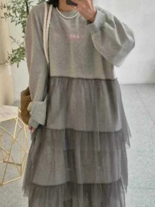 فستان نسائي أنيق للخريف مضاد للشيخوخة بتصميم مطبوع وتنورة كيك شبكية مدمجة، فستان عصري بأسلوب عملي