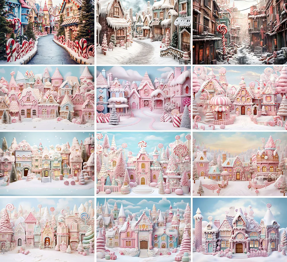 Mehofond Street Pink Christmas Princess Castle Backdrop Sweet Lollipop Snowland Xmas Tree Fantasyland Background Photo Studio