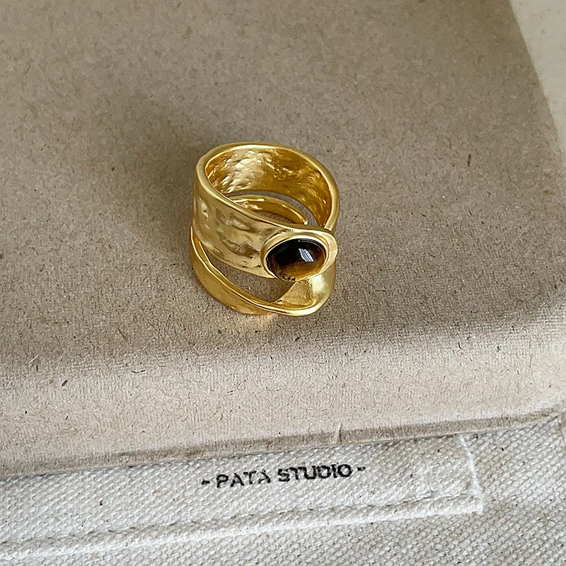 Gold Silver Plated Vintage Multiple Natural Stone Kallaite Tiger Eye Geometric Opening Adjustable Cocktail Ring for Women