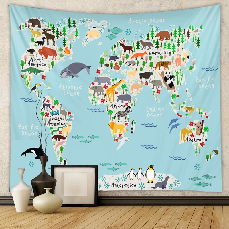 VIKAMA Polyester World Map Wall Hanging Bohemian Hippie Tapestry for Bedroom Living Room Dorm Home Decor