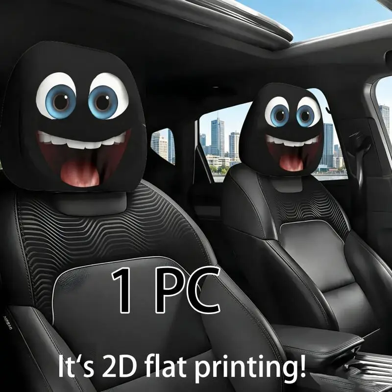 1 PC Cute Big Eyes Grinning Face Car Headrest Cover, Soft High-Elastic 2D Printed Universal Auto Headrest Protector