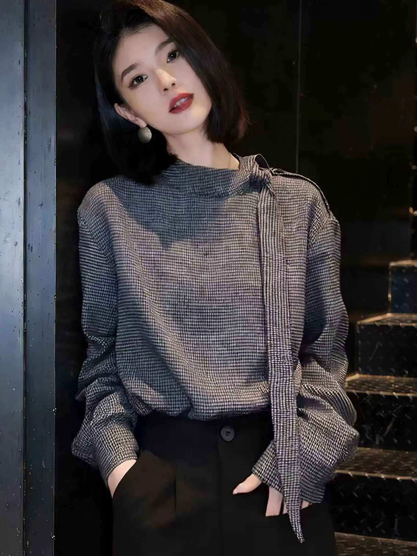 

Elegant Plaid Design Long Sleeve Shirt Spring 2026 Lazy Style Trendy Top Korean Version Straight Cut Other Material 100%