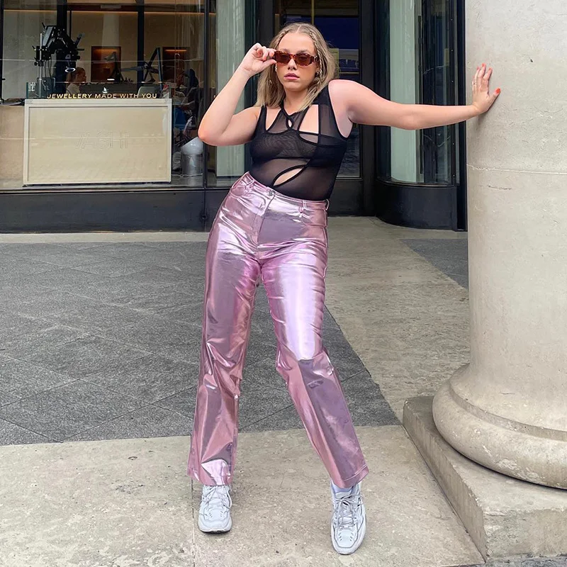 High Waist Shiny Functional Style Long Pants Trendy Design Streetwear Straight Leg Pants for Women Autumn Season Fashionable