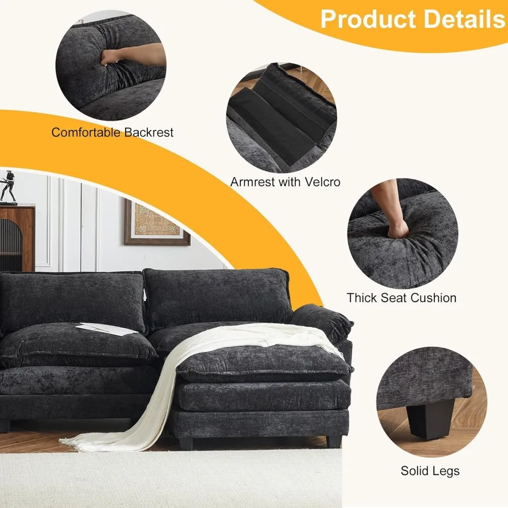 Modern L-Shaped 3-Seat Sectional Sofa with Ottoman, Chenille Upholstery for Living Room image 5