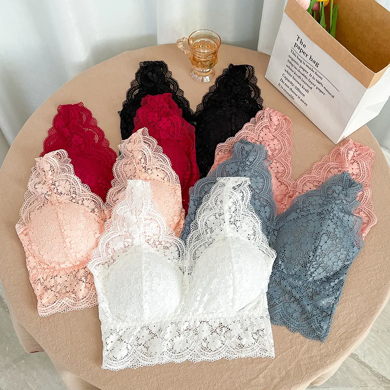 Lace Bras Top Women Deep V Neck Sexy Lingerie Wire Free Bra Tank Tops Female Underwear V Back Bralette Padded Camisole