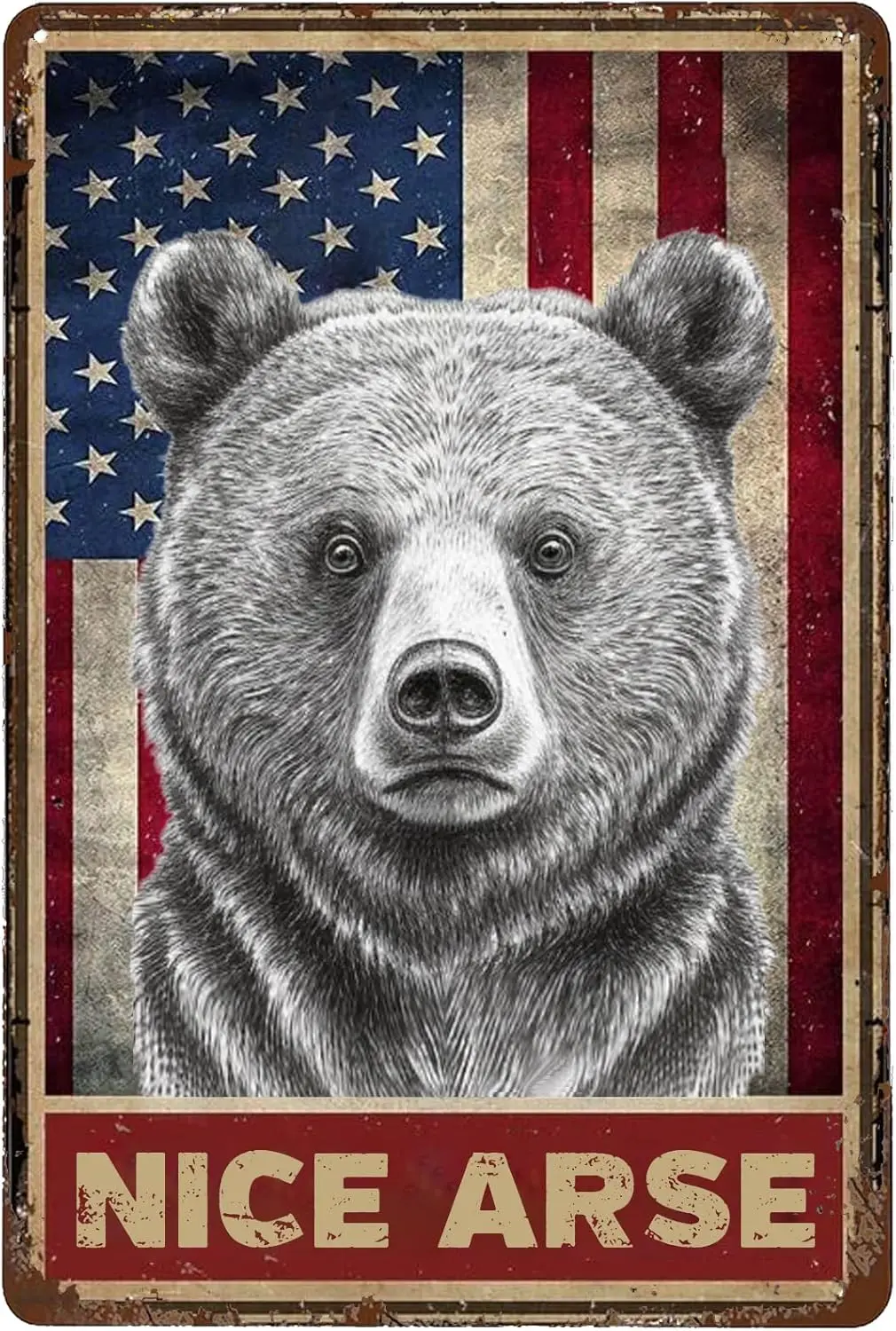 Patriotic Bear Metal Plaque 8X12IN - American Flag Wall Decor for Wedding Front Yards & Political Humor Outdoor Signage sign