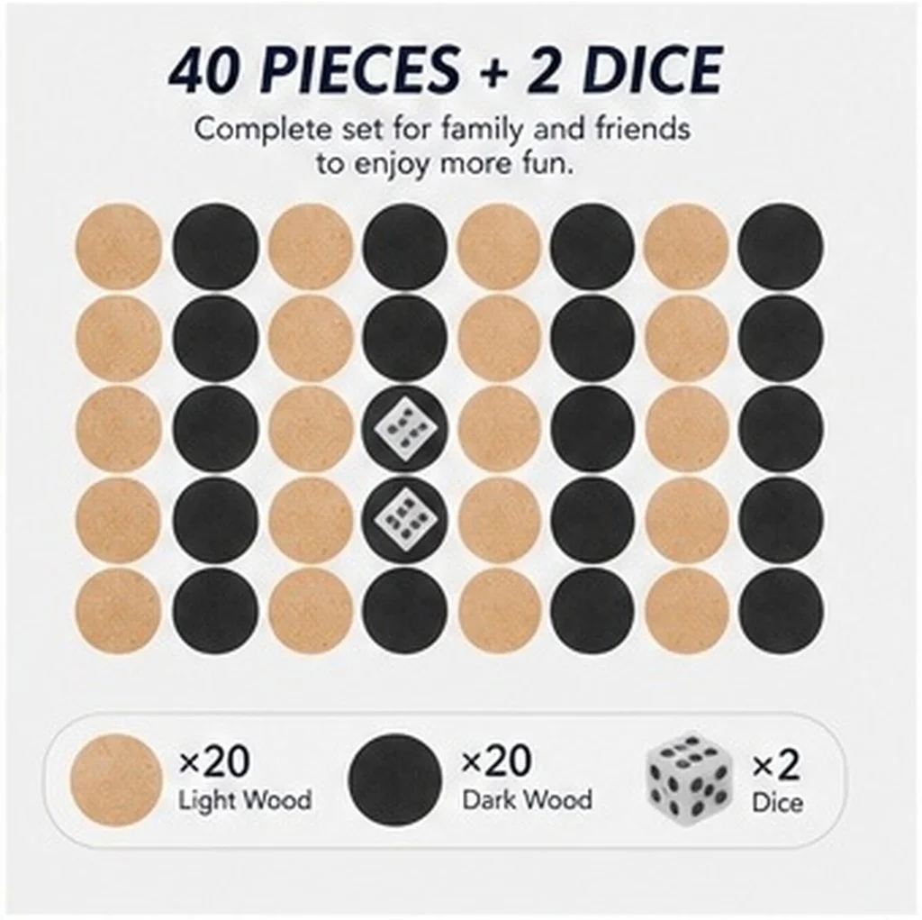 1Set Natural Wood Backgammon Pieces Checkers Chess Set Portable Lightweight Round Game Components for Travel Home Office Board
