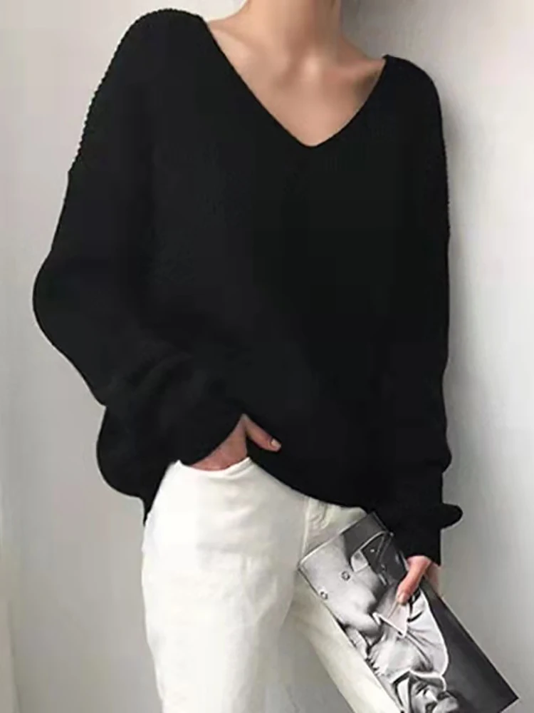 ABRINI-suéteres con cuello en V para mujer, Jersey de punto sólido, Top de manga larga, jerséis de lana, traf, suéter informal cálido, invierno,