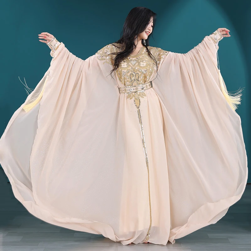 Ägyptisches traditionelles Khaleeji Thobe Kleid Volkstanz Robe Bauchtanz Kaftan Strass Wettbewerb Khaleegy Kostüm mit Gürtel