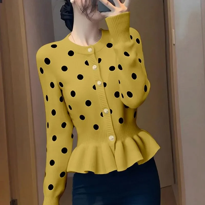 

Yellow Polka Dot Knit Blouse With Ruffled Hem For Women Casual Sweet Style Spring Autumn Wear