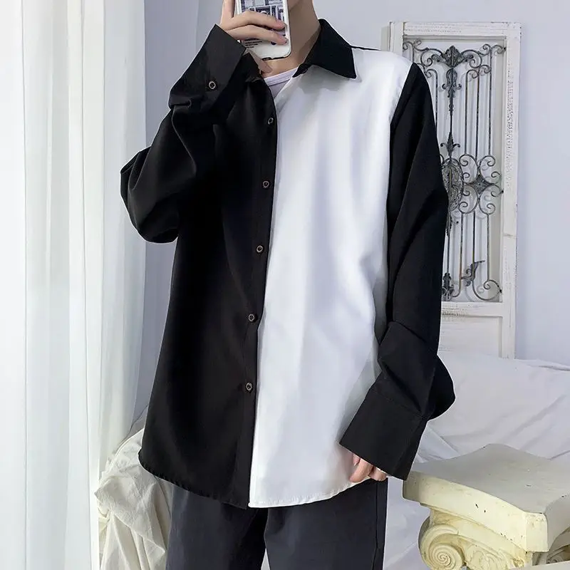 2024 Spring and Autumn Korean Edition Trendy Black and White Spliced Korean Style Elegance High Grade Long Sleeved Shirt for Men