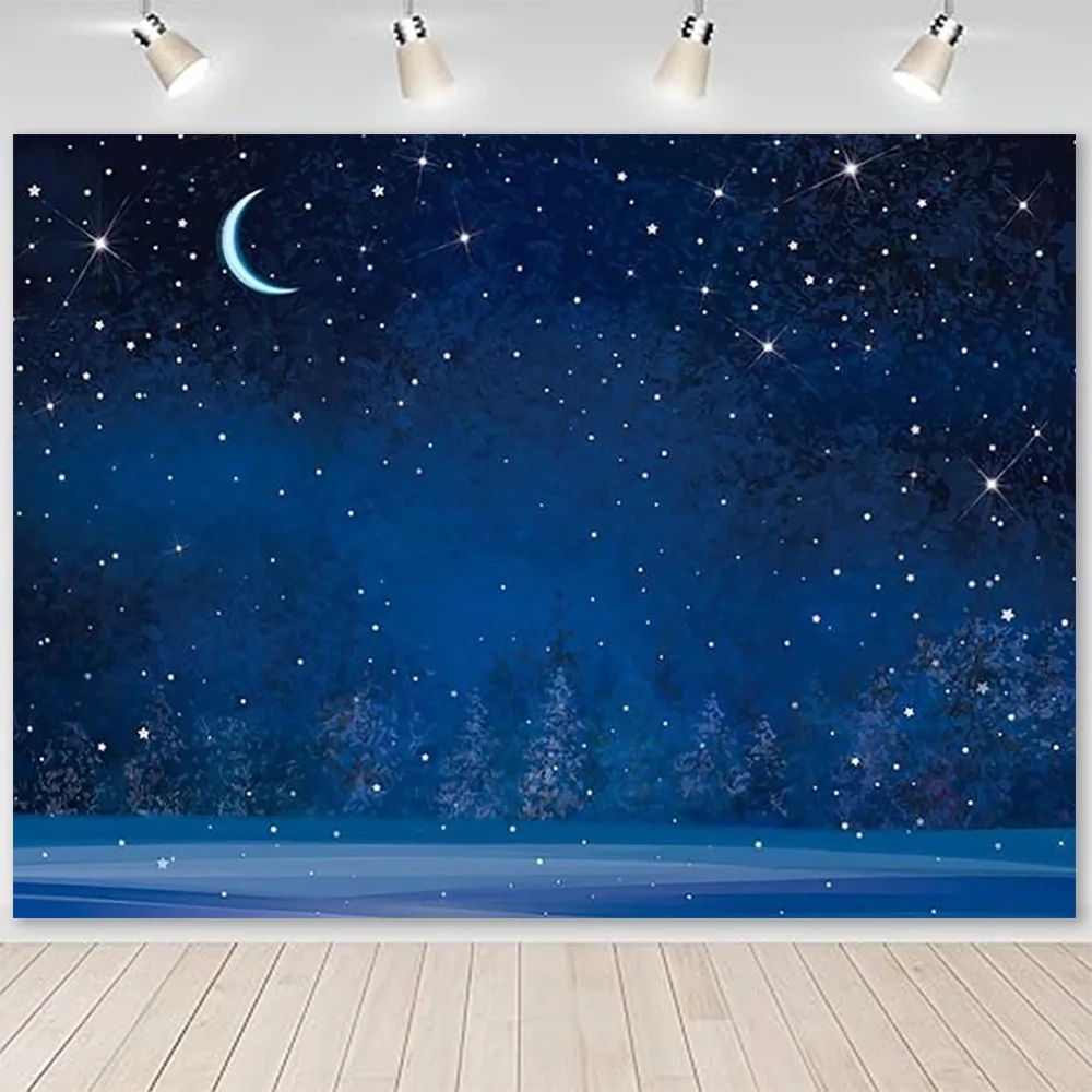 خلفية سماء ليلية شتوية مسطحة ثنائية الأبعاد - أزرق عميق مع رقاقات الثلج والقمر والنجوم - مناسبة لعيد الميلاد #6