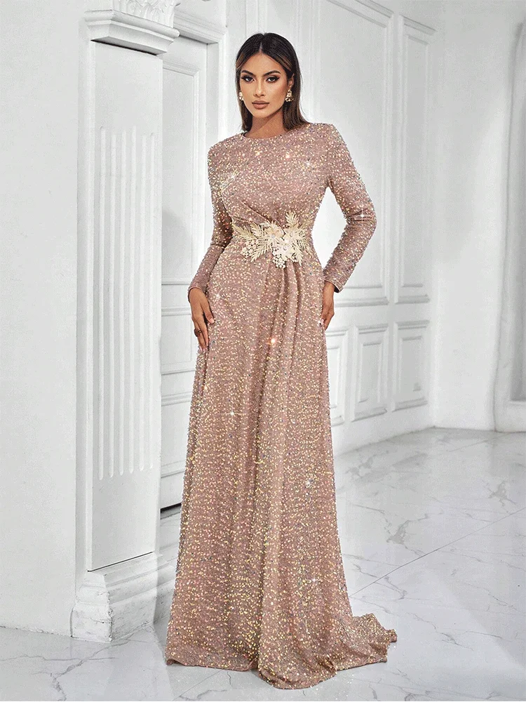 Colorful Apricot V-neck Long Sleeve Shiny Bridesmaid Floor-length Applique Evening Dress Beaded Banquet Party Lady Prom Gown