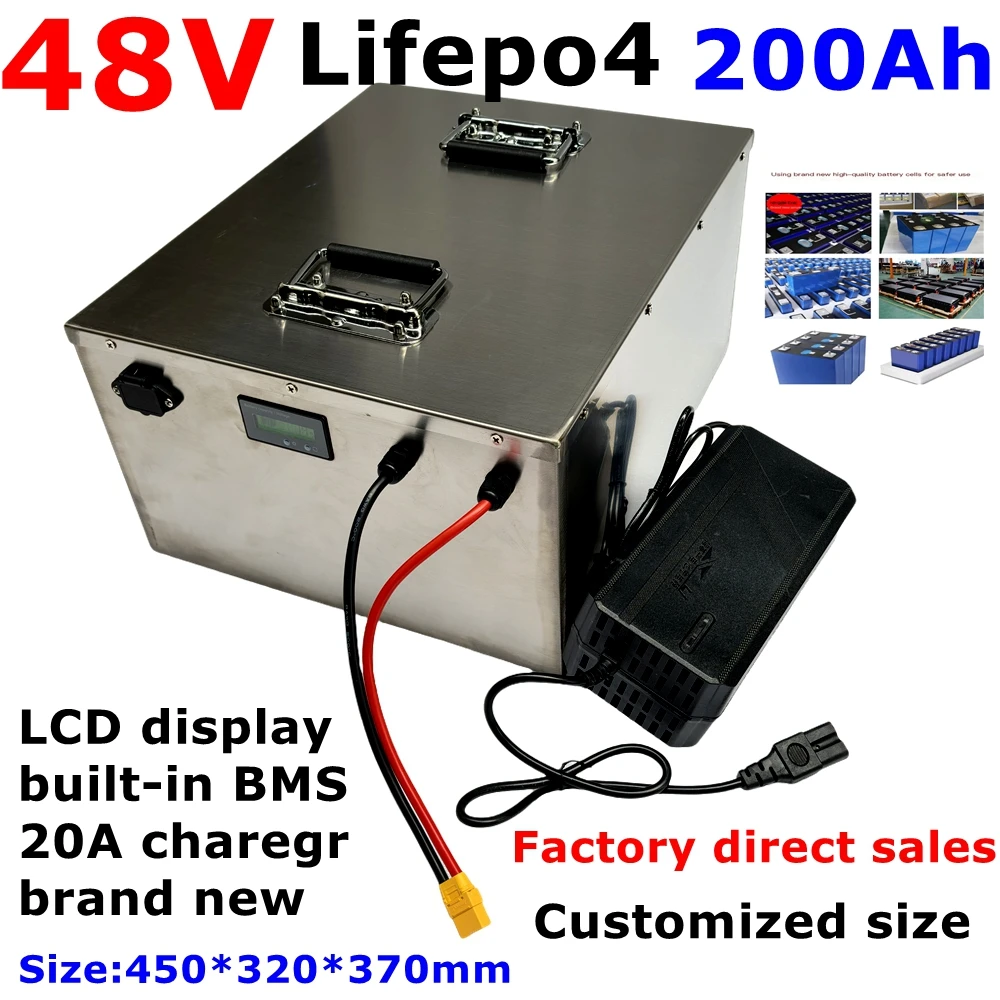 

Waterproof rechargeable 48V 200Ah Lifepo4 battery with BMS for trolling motor UPS solar storage system RV golf cart +20A Charger