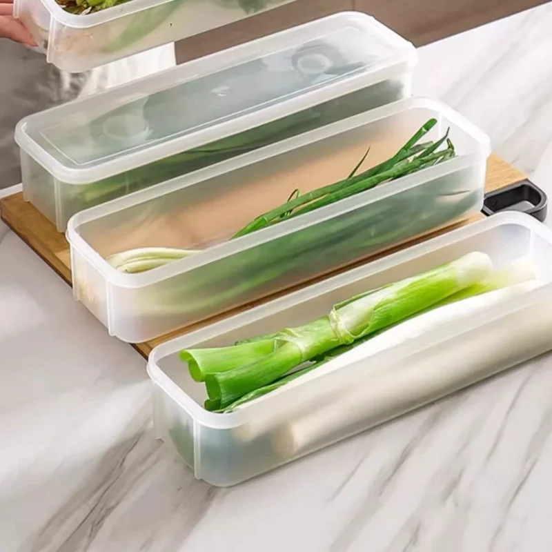 Long Fridge Food Storage Container, PP Sealed Vegetable Crisper Box for Scallion Cilantro Noodle