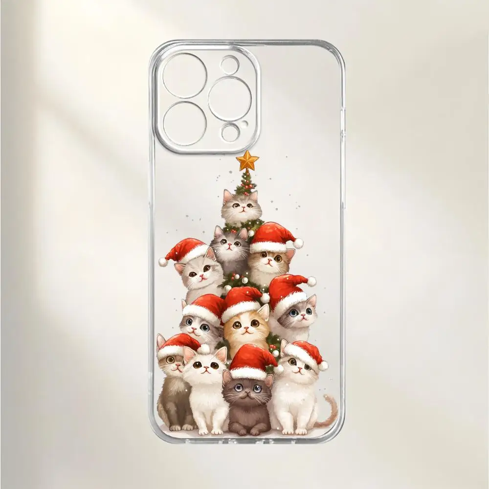 Funda de teléfono con diseño de gato navideño adecuada para iPhone 17 16 15 14 13 12 11 Pro/Max/Plus, funda trasera transparente anticaída y a prueba de golpes