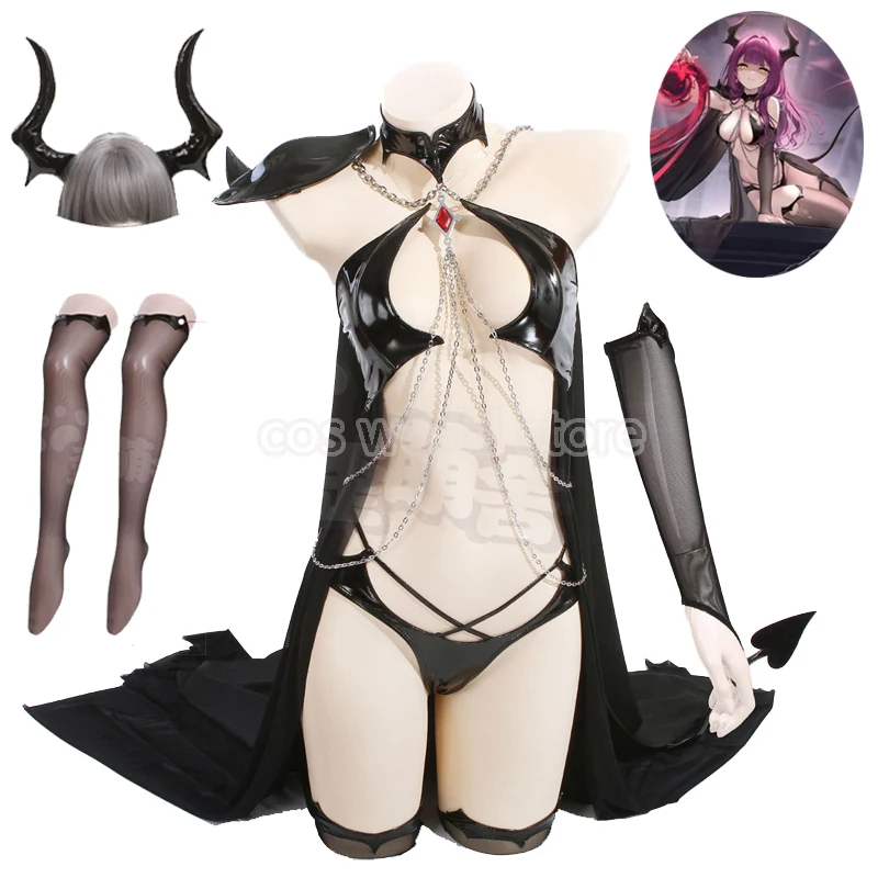 

Anime Game Azur Lane Devonshire Demon Cosplay Costume Women Sexy Leather Chains Bodysuit Cloak Cpae Horns Suit Halloween Clothes