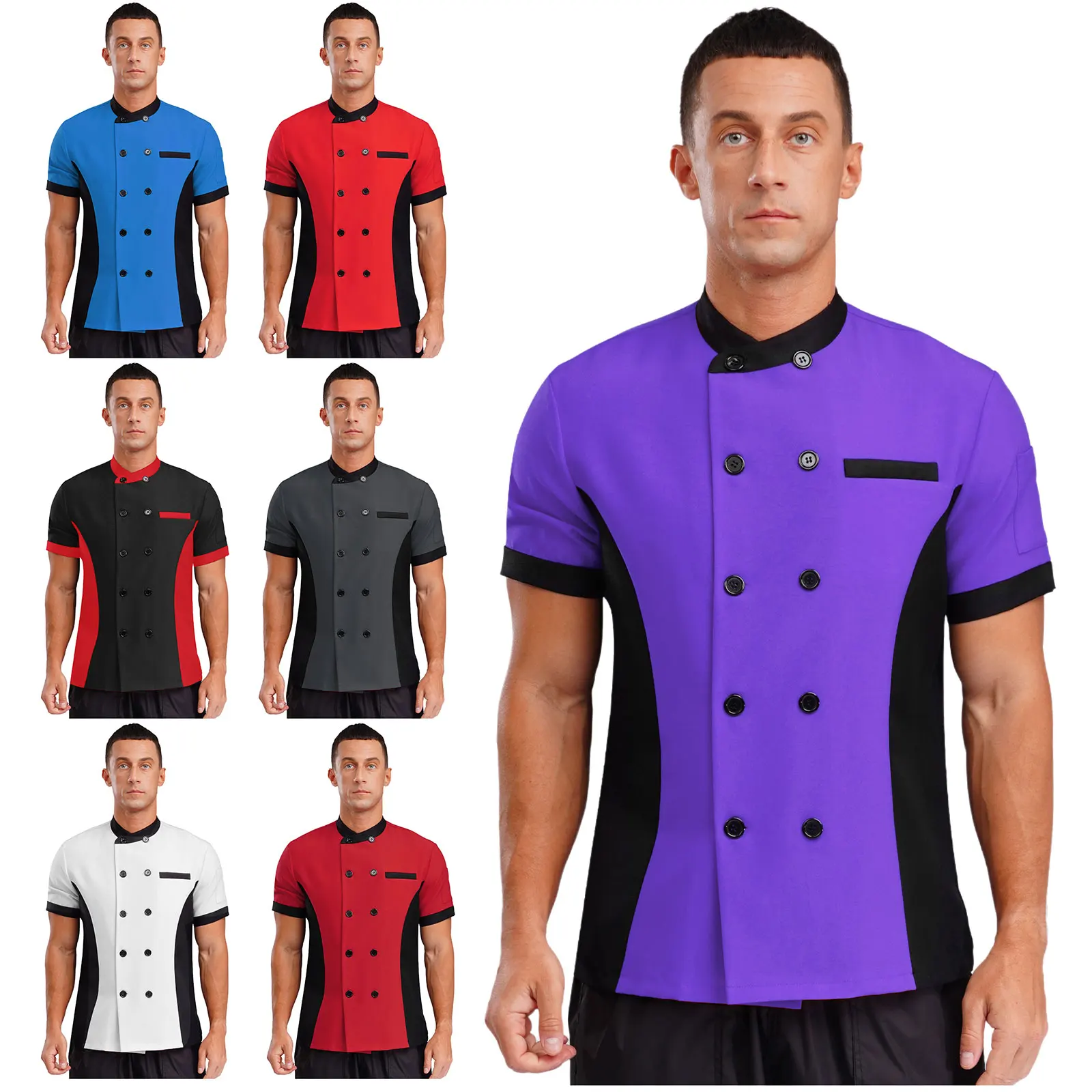 大人男性女性キッチン作業服シェフジャケット半袖カラーブロッククックコートレストラン食堂ウェイター作業服