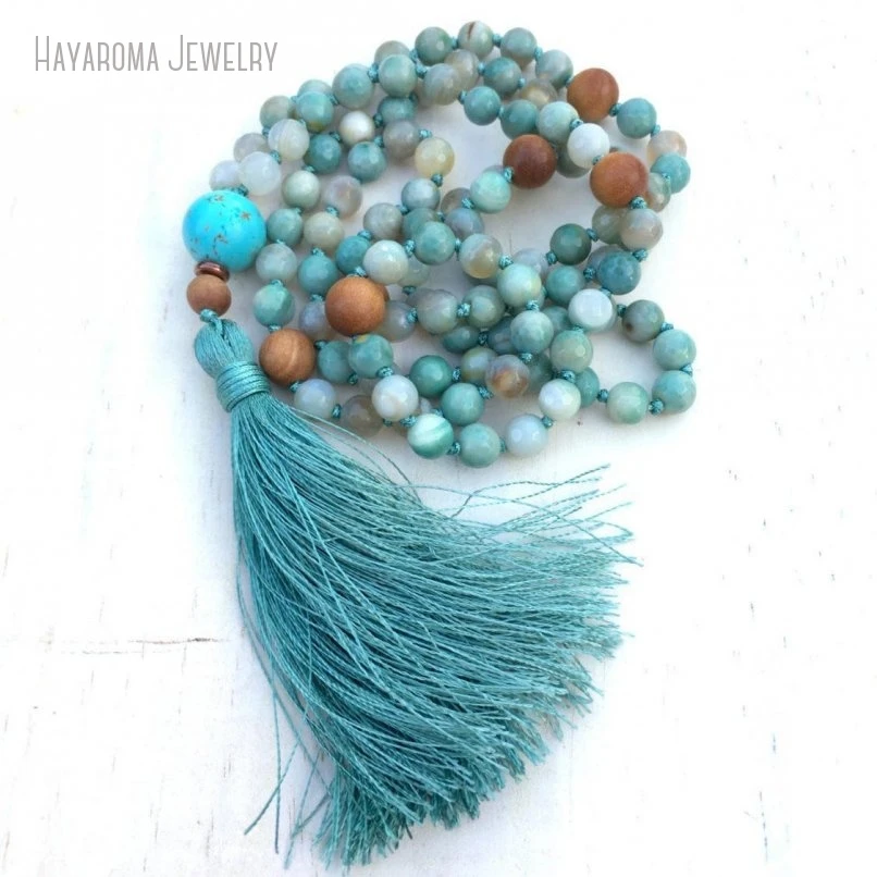 10Pcs Silk Tassel Japamala Aqua Blue Agates Sandalwood Mala 108 Bead Stone Mala Yoga Meditation Bead Necklace