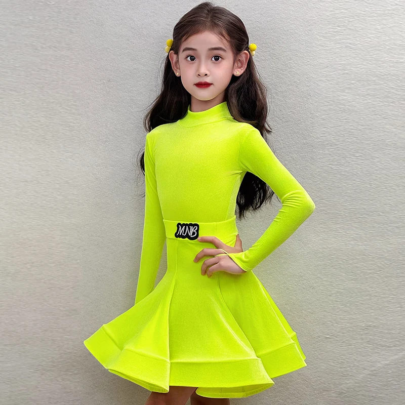 velvet long sleeves latin american dance dress for girls competition ballroom kids tango salsa dancewear practice wear cha cha