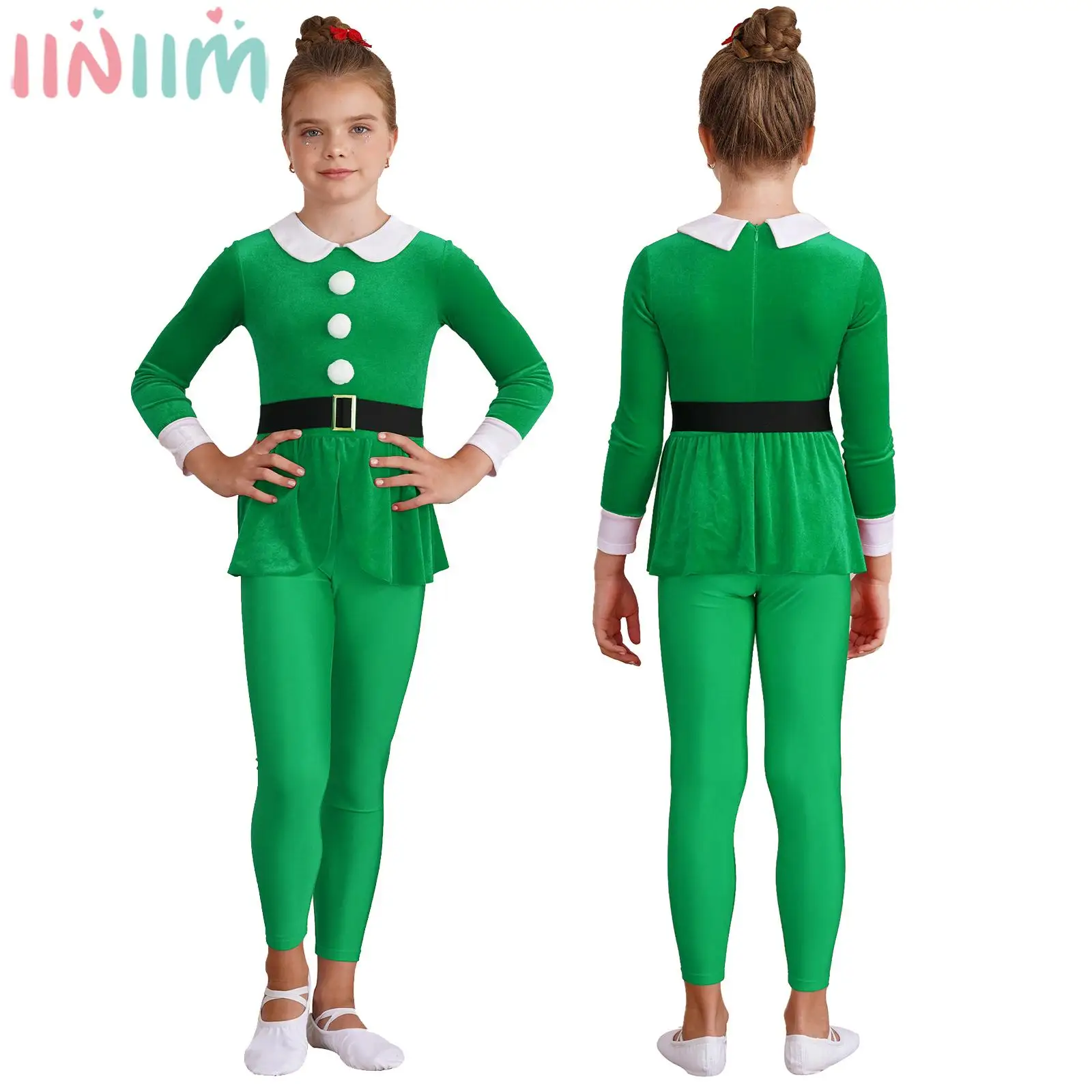 Teen Girls Christmas Dress Up Costume Xmas Elf Santa Claus Cosplay Performance Bodysuit Lapel Collar Long Sleeve Pompom Jumpsuit