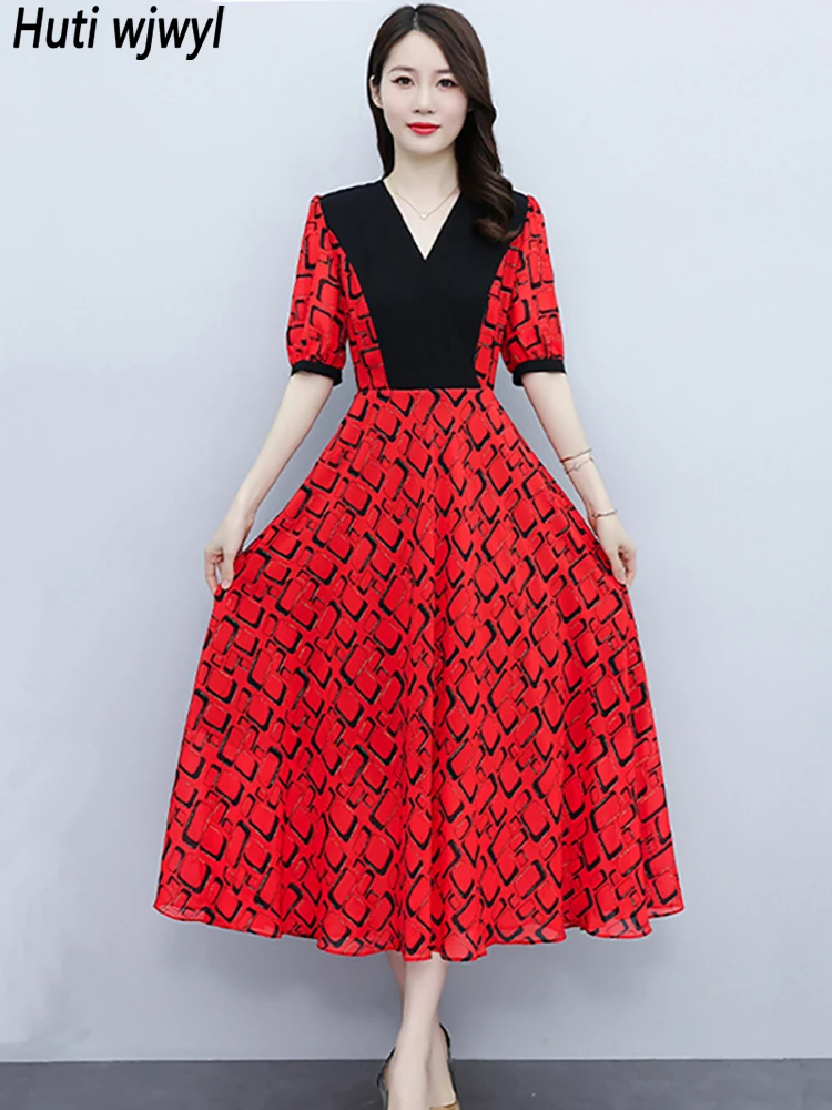 

Female Red Print V-Neck Sexy Chic Midi Dress 2024 Korean Vintage Casual Party Long Dress Summer Elegant Bodycon Prom Maxi Dress