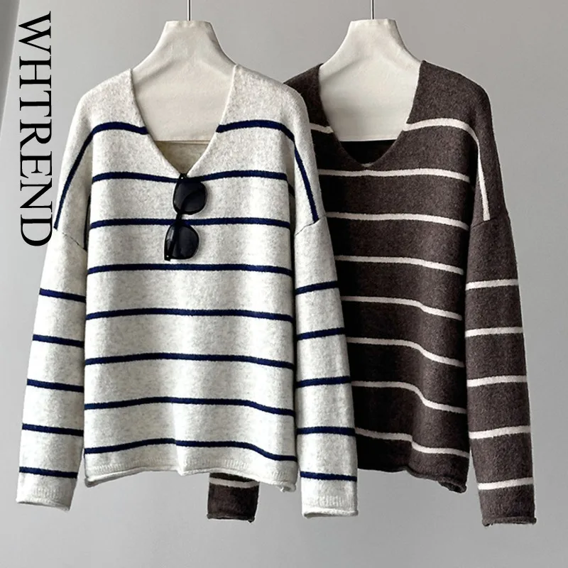 WHTREND Herbst Winter Neue Gestrickte Pullover frauen V-ausschnitt Gestreiften Basis Tropfen Schulter Lose Pullover Top WH2048