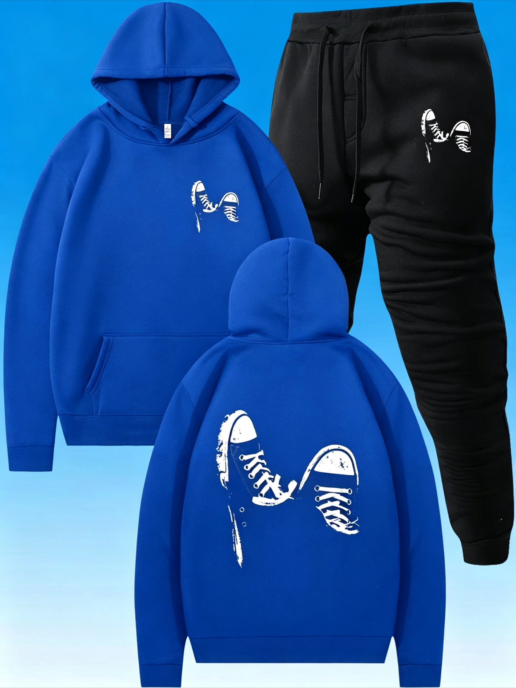 Casual unisex hoodie two-piece set, both the hoodie and sweatpants feature sneaker graphic prints. view 5