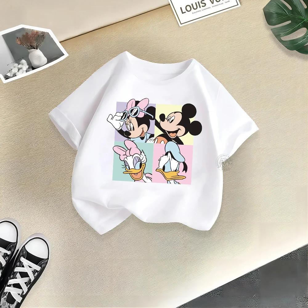 Disney Kids Summer 100% Cotton T-shirt Cartoon Mickey Minnie Fashion Print Teen T-shirt Top Boys Girls Comfortable Casual T-shir