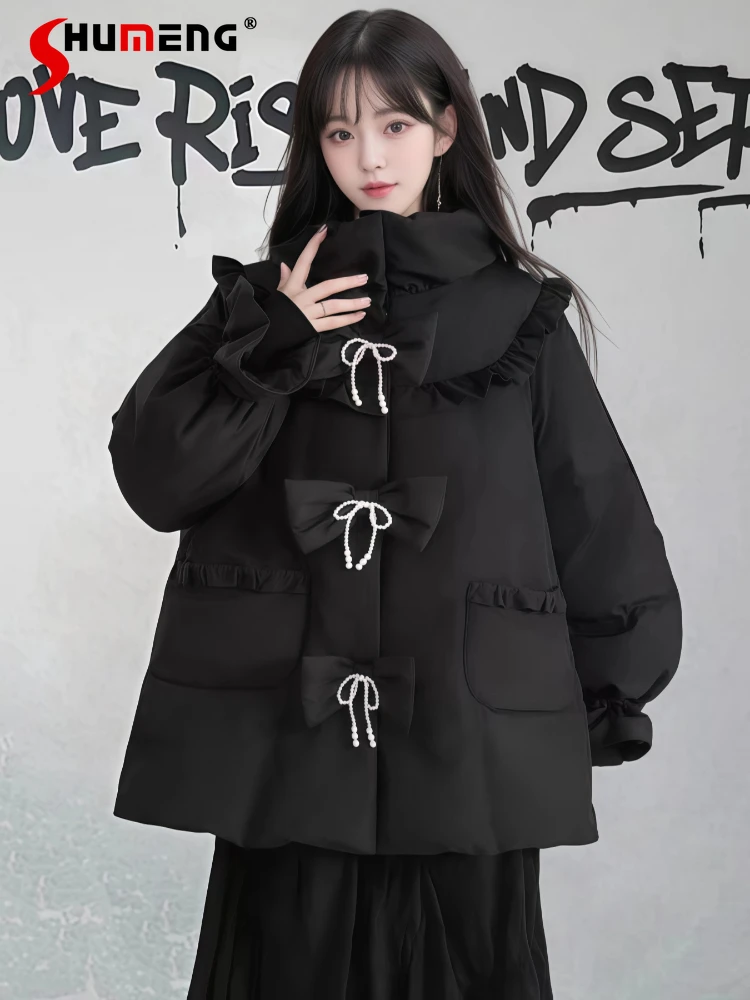 

Korean Style Fashion Casual Bow Cotton Jackets Women Winter Black Loose Warm Thickened Warm Quilted Coat Puffer Jacket Outerwear