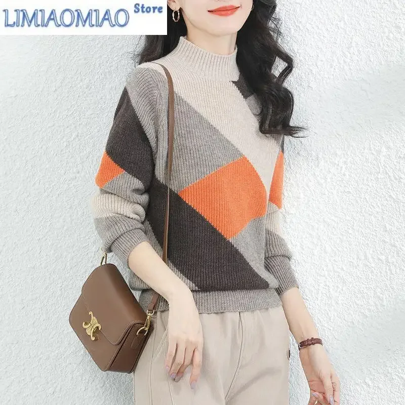 Autumn/Winter Fashion Korean Edition Spliced Contrast Half High Neck Loose Versatile Western Knitted Long Sleeve Sweater