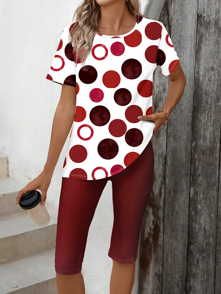 Summer Women's Elegant Polka Dot Print T-Shirt + Shorts Set, Suitable for Daily Wear and Vacation Outfits