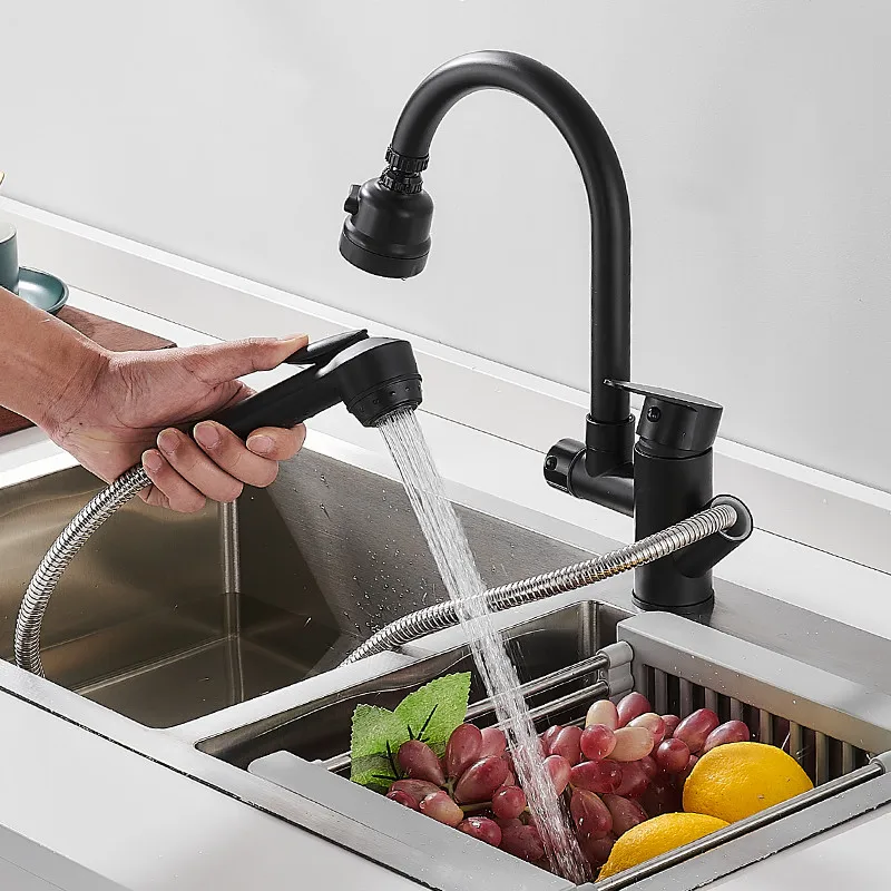 Kitchen Faucets Hot & Cold Soild Brass Sink Mixer Taps Pull Out Side Single Handle Deck Mount Splash Proof Water Rotating Black