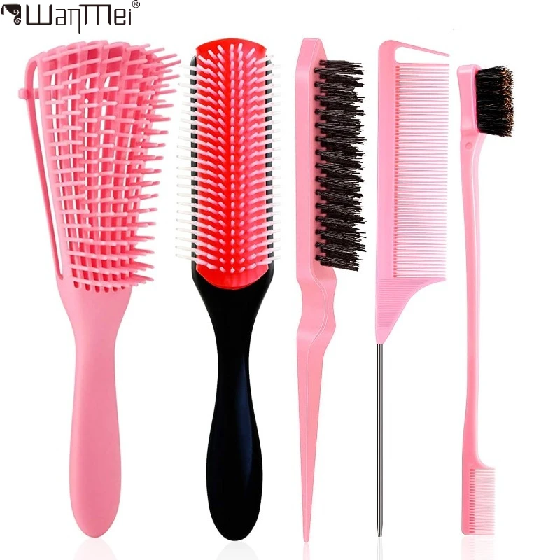 5 Pcs Detangling Brush Set - Cushion Nylon Bristles, Dual Edge, Teasing, and Styling Comb