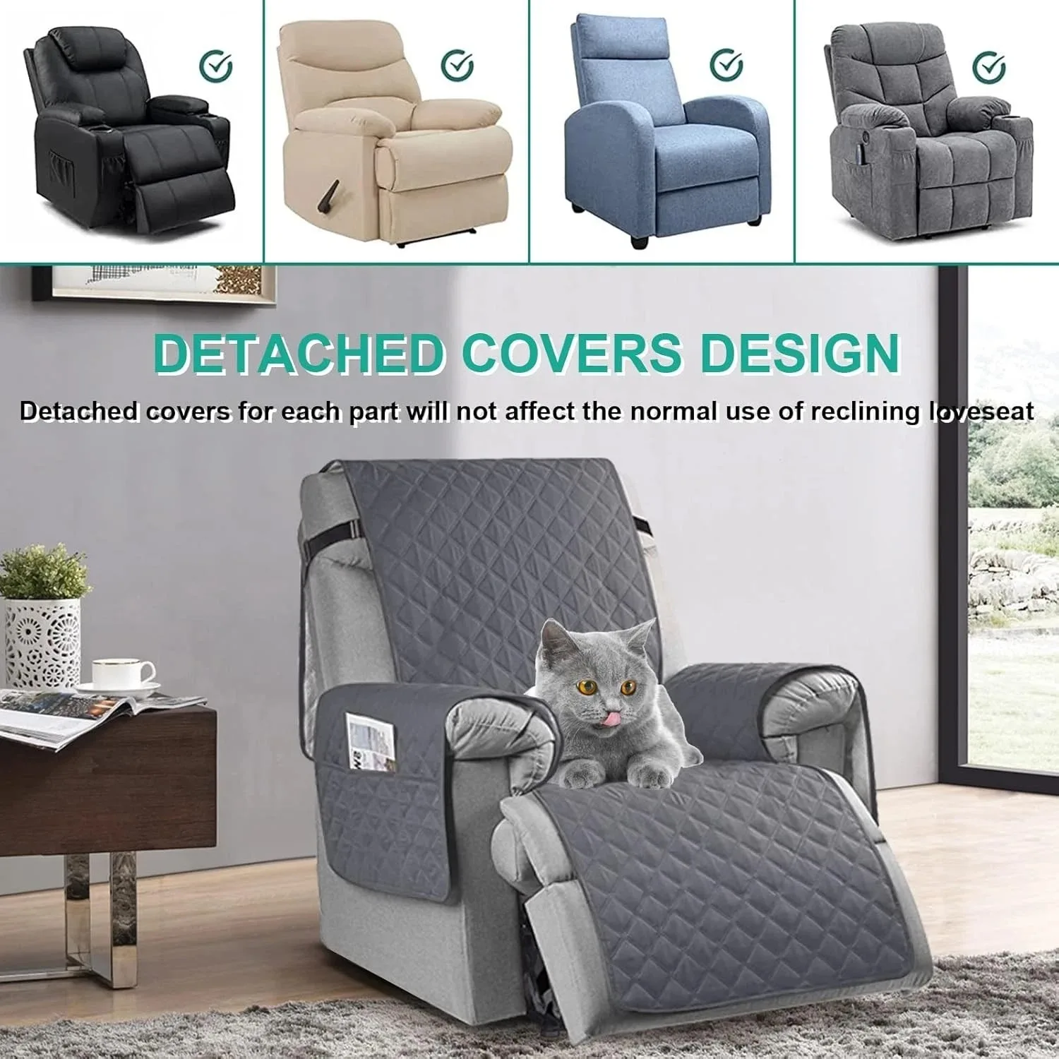 1seater Waterproof Recliner Cover Solid Color Quilted Armchair Slipcover Pet Kids Accent Couch Cushion Living Room Hotel Home