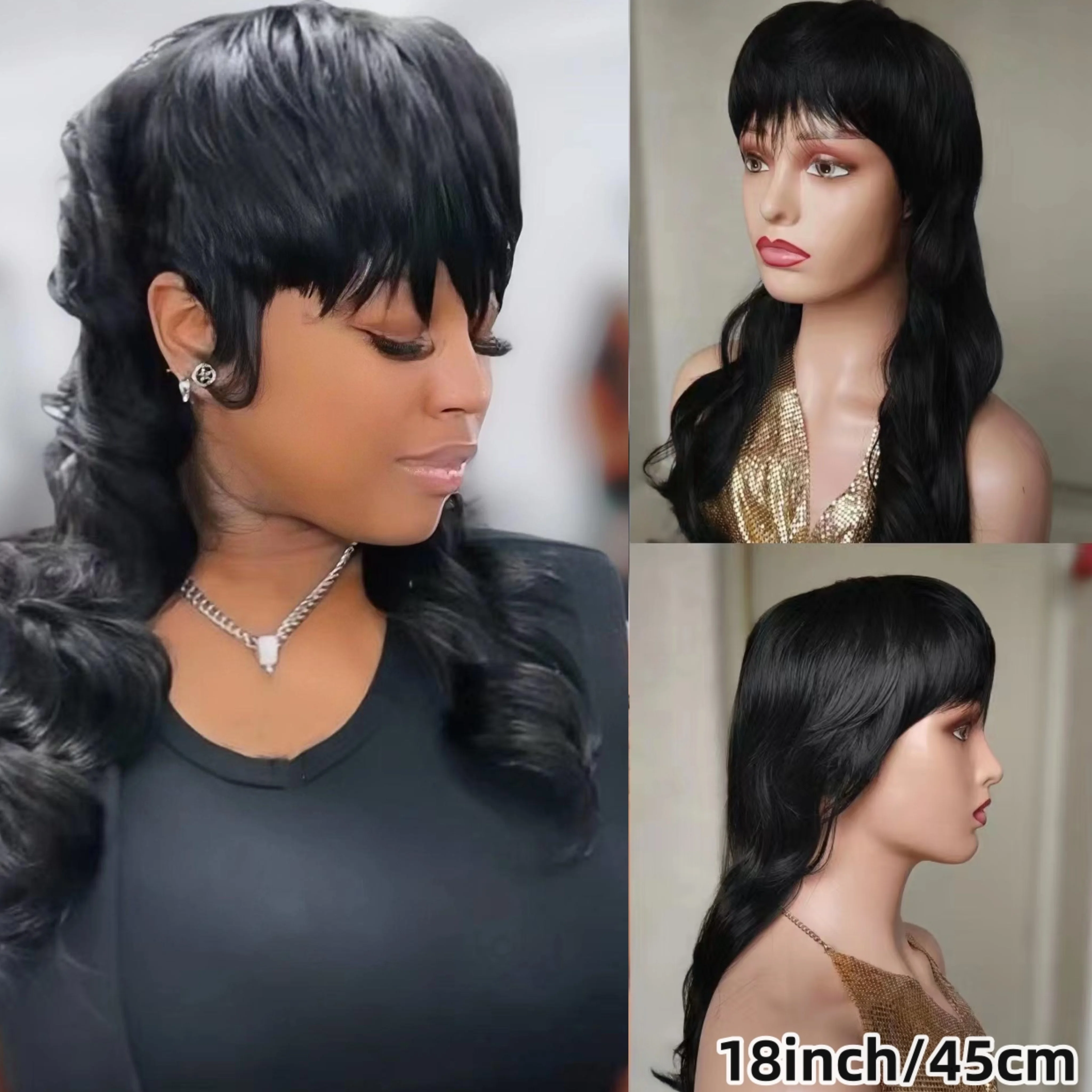 18inch-machine-made-pixie-cut-long-body-wave-human-hair-wigs-for-women-natural-black-color-150-density-pixie-remy-mullet-wig