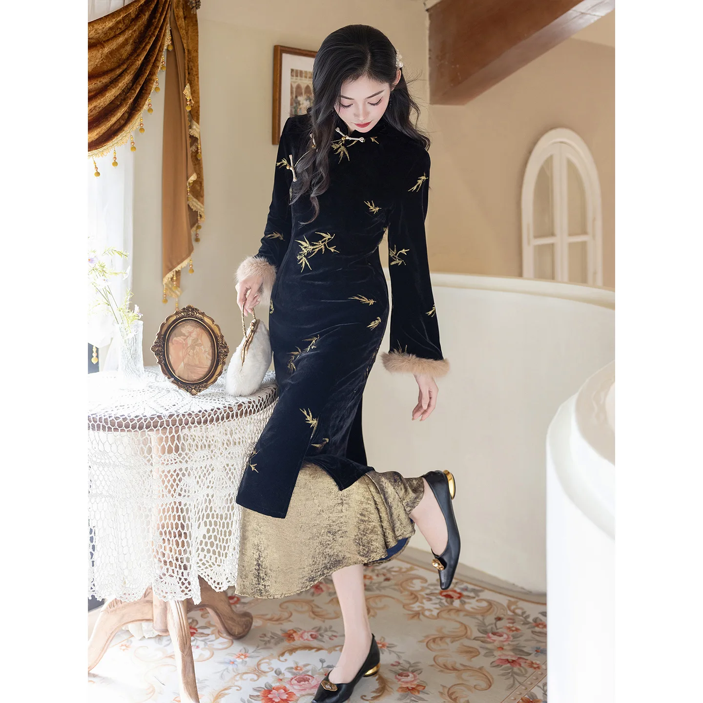 

Yourqipao Autumn and Winter New Chinese Style Long-sleeved Cheongsam Chinese Hanfu Fishtail Skirt Qipao Dress for Women