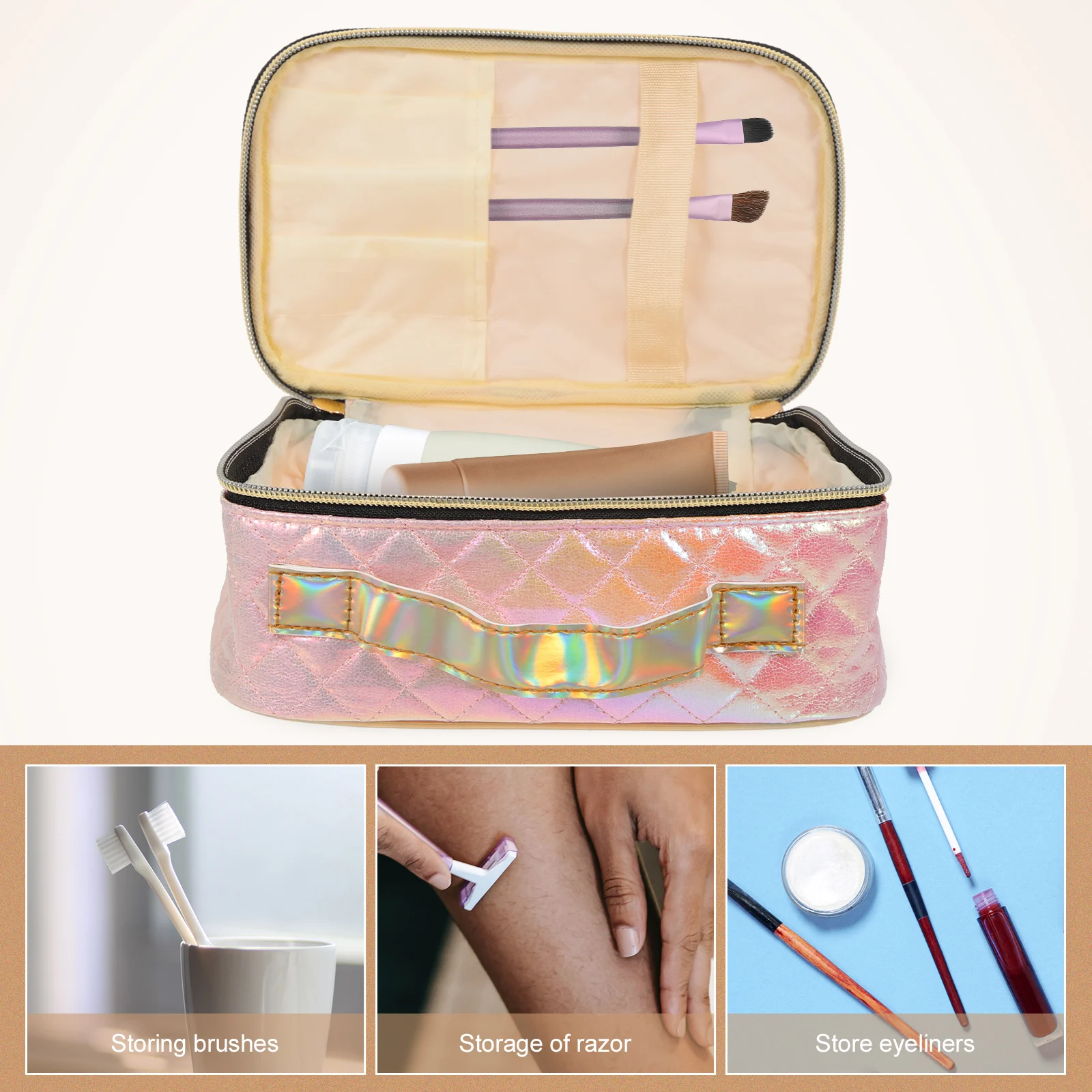 

Waterproof Organizer Large Capacity Travel Storage Bag Pu Handle Double Zipper Multifunctional Brush Pencil Holder