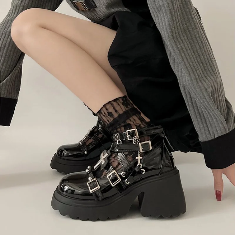 Nity Decor Chunky Platform Punk Ankle Boots Women 2024 Winter Pu Leather Black Boots Woman Metal Buckle Gothic Shoes